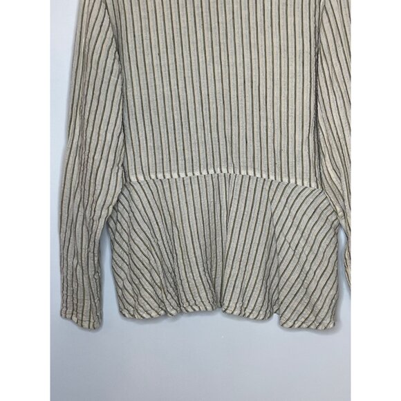Flax Linen Button Front‎ Jacket Shacket Textured Stripe Knit Cream Green Medium - Picture 7 of 7
